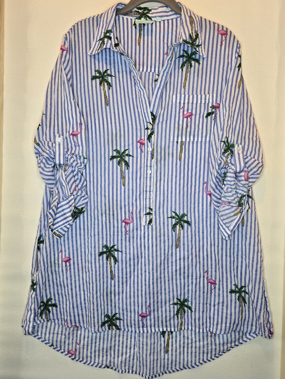 True Destinations Flamingo Palm Tree Striped Roll Tab Tunic Shirt Large